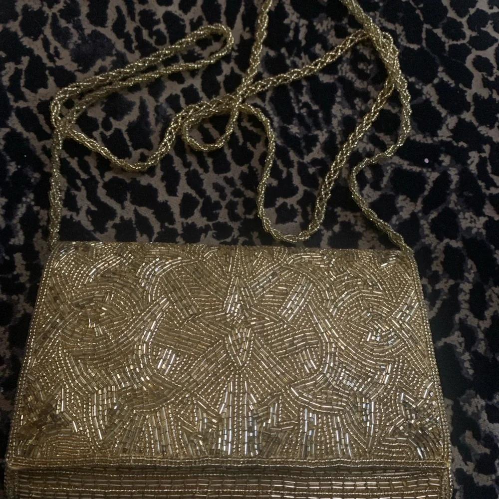 Vintage Gold Beaded Evening Bag Crossbody Wedding Party Clutch Glam - Picture 2 of 8